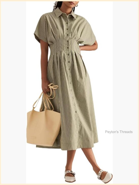 Dresses & Skirts - Striped Button Front Pleated Maxi Dress Short Sleeve V Neck Corset